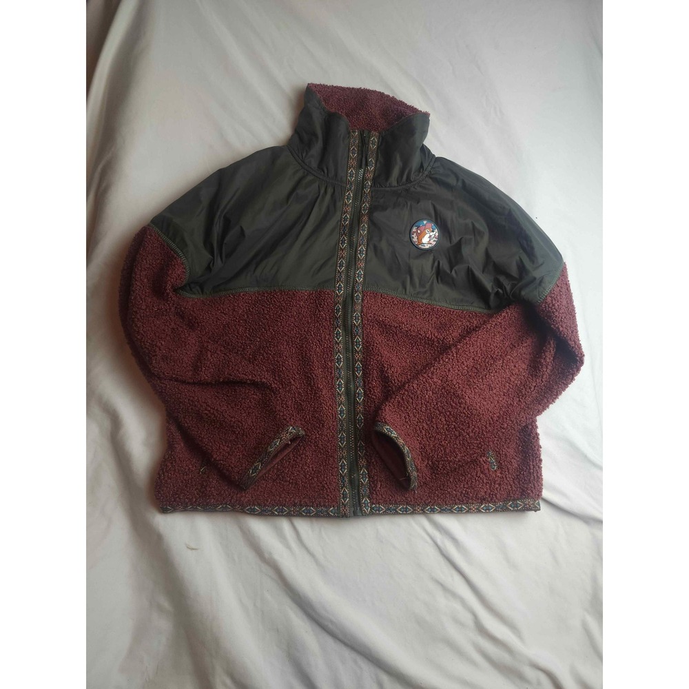 Buc-ee's Sherpa Fleece Jacket Burgundy Olive Green Southwestern Trim Small